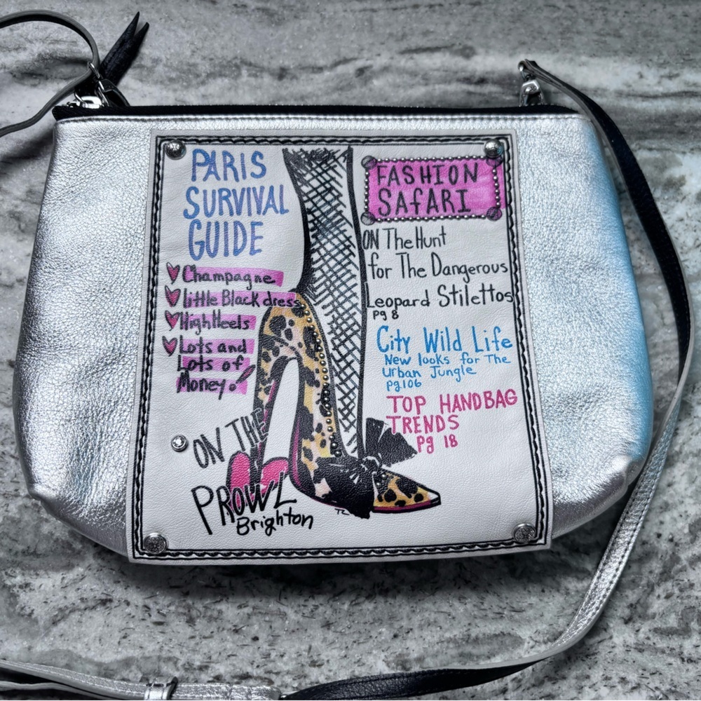 Brighton Paris Survival Guide Silver Crossbody Bag with Illustrated Front Panel